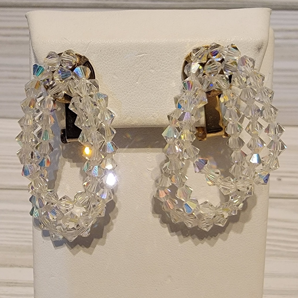 Vintage Iridescent Crystal Beaded Hoop Clip-On Earrings